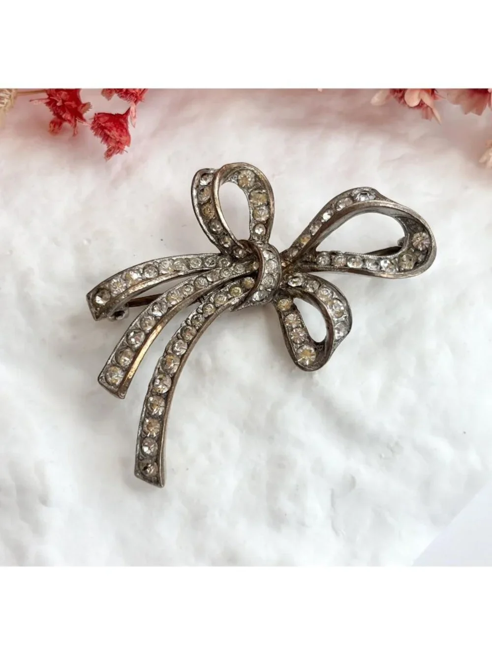 Ribboned Bow Rhinestone Accented Sterling Silver 925 Vintage Brooch | Lapel Pin